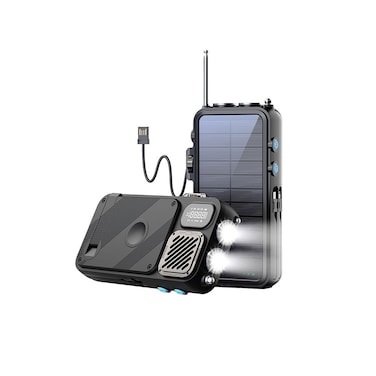 باور بانك باورولوجي 16000mAh بالطاقة الشمسية، راديو FM، مكبر صوت وإضاءة، بلوتوث 5.3، ساعة رقمية LED، شحن سريع PD بقوة 20 واط، كابل مدمج، تصميم مدمج - أسود
