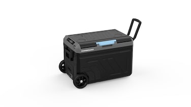 ثلاجة محمولة باورولوجي سعة 40 لتر تبريد بمقصورتين مدى درجة حرارة من ناقص 22 إلى زائد 24 درجة ضاغط عالي الكفاءة غاز تبريد فريون R134A بطارية 20800 مللي أمبير شريط سحب وعجلات رمادي
