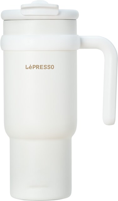 LePresso Coffee Mug with Stainless Straw, 900mL Capacity, 304 and 316 Stainless Steel Construction, Dual Drink Mode, Push-down Unlock, Push-up Lock, 6H Temperature Retention, White
