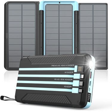 باورولوجي باور بانك متعدد الكابلات بسعة 16000 ملي أمبير، كابلات مدمجة USB A، تايب C، مايكرو USB، لايتنينج، مخرجات 18 واط و20 واط، 3 ألواح شمسية، شاشة LED، مصباح يدوي، بطارية بوليمر ليثيوم، أسود

