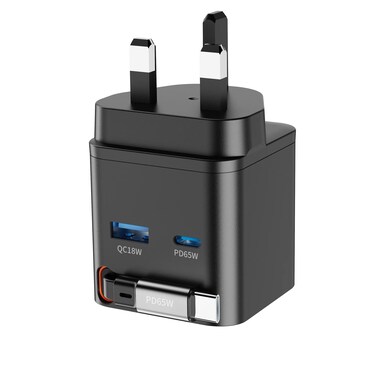 Powerology PD65W Dual-Port UK Plug Charger, 75cm Retractable USB-C Cable, 0-60% in 35 Min, GaN Technology, Fireproof Material, Fast Charging &amp; Safeguards &ndash; Black
