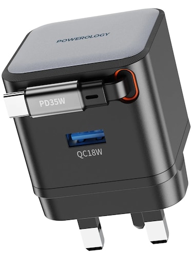شاحن باورولوجي PD35W بمقبس UK، كابل USB-C قابل للسحب بطول 75 سم، سلك مدمج، من 0-60% في 35 دقيقة، تقنية GaN، مادة مقاومة للحريق، شحن سريع وحماية مدمجة – أسود
