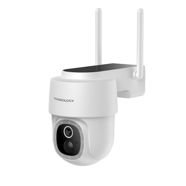 Powerology Built-in Solar Pan &amp; Tilt Outdoor Camera, 2K Quad HD (2304x1269P), IR Night Vision, Motion Detection, 5200mAh Battery, White
