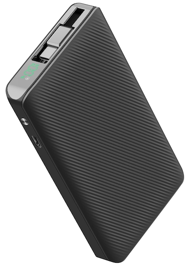 Powerology 10000mAh Retractable Cable Power Bank, LED Display, Lightweight &amp; Portable, USB-C Input &amp; Output, 22W Power Delivery, 2-Device Charging, Patented Design - Black
