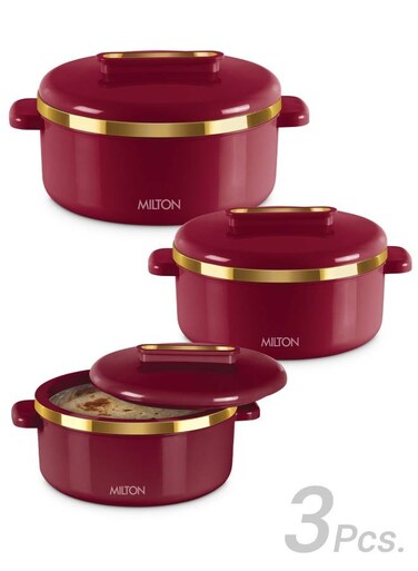 3-Piece Casserole Set (450ml, 840ml, 1.30L) Double-Walled Hotpot with PU Insulation &amp; Stainless Steel Inner, Keeps Food Hot/Cold, Perfect for Serving Chapati, Roti &amp; Mandi - Curve Jr Maroon Set of 3