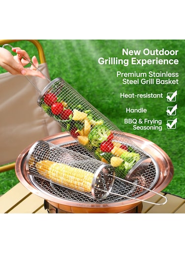 Grill Basket, 304 Stainless Steel, Nesting Grilling Tools, Smoker BBQ Accessories for Vegetable, Outdoor Cooking Camping, Birthday Gifts for Men Dad Husband