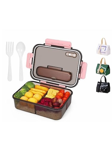 COOLBABY Student Office Worker Lunch Box Microwave Available Easy to Clean Leak-proof Reusable 1500ML 3 Compartments Built-in Cutlery (Pink) Randomly send an aluminum film lunch bag