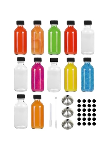 HYFY 12 Pack 2 oz Small Clear Glass Bottles 3 stainless steel funnels strong lid Ginger shot Bottles Potion Juice 24 stickers Shots bottle boston bottles Oils Bottle Glass Bottles Liquid Bottle 60ml