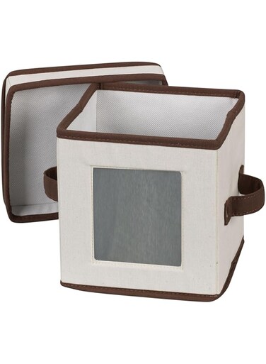Household Essentials Natural 530 Dinnerware Box with Lid and Handles   Storage Bin for Small Saucer Plates Canvas with Brown Trim, 1 Count (Pack of 1)