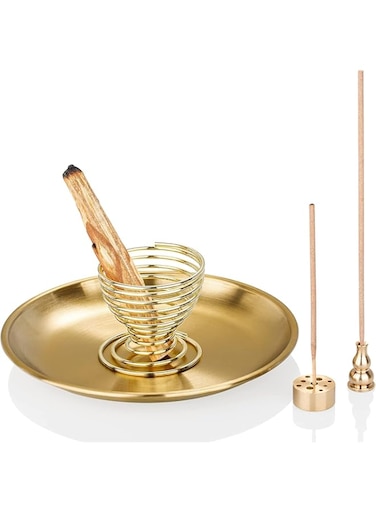 Incense Burner Holder Holder 5 in 1 Incense Holder for Incense Sticks Coil Incense Incense Cones 5.5 inches Brass Ash Catcher for Meditation Yoga Room Home Office Fragrance