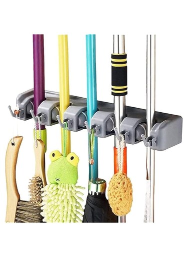 AMERTEER Wall Mounted Mop and Broom Holder, Heavy Duty Storage Organizer Rack with 5 Positions &amp; 6 Hooks, Space-Saving Tool Hanger for Kitchen, Garage, Garden, Laundry &amp; Bathroom (Grey)
