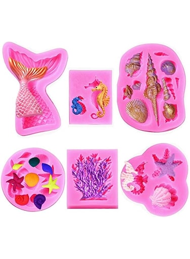 6 PCS Mermaid Theme Silicone Fondant Mold - Mermaid Tail Seashell Starfish Hippocampus Conch Silicone Mold for Under The Sea Cake Decoration, Gum Paste, Polymer Clay, Cupcake Decor, Sugar Craft