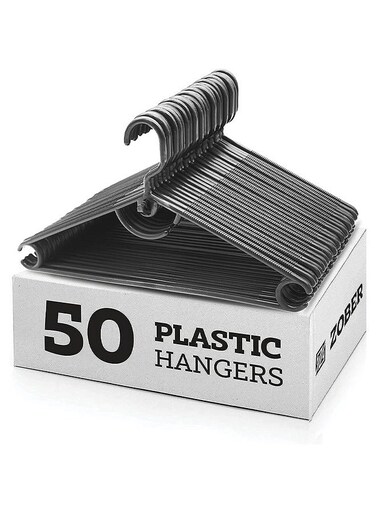 Standard White Plastic Hangers Pack Of 50 With Strap Hooks, Durable &amp; Slim, Light-Weight For Shirts, Pants, Dresses Hangs Upto 5.5 Lbs