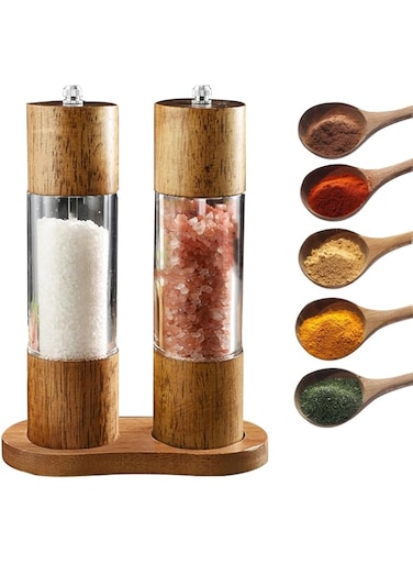 2 Pcs Salt and Pepper Grinder, 8 Inches Wooden＆Acrylic Manual Design Spice Grinder Set, Pepper Mill, Kitchen Restaurant Grinding Tool for Sea Salt, Black Peppercorn, Spices (Include Pedestal)