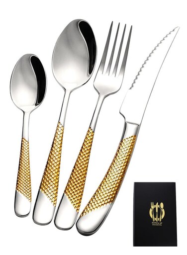 4 PCS Hammered Silver Gold Silverware Set, Kitchen Utensil Set, Tableware Cutlery Set, Knives Forks Spoons Set