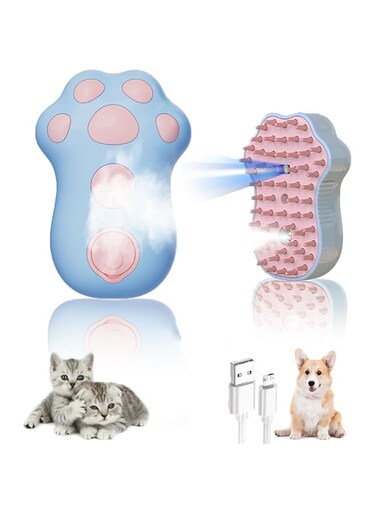 Azonee Cat Steam Brush - 4 in 1 Pet Hair Removal &amp; Grooming Tool for Cats and Dogs, Rechargeable Self-Cleaning Pet Brush for Long &amp; Short Hair, Comfortable Skin-Friendly Silicone Brush (Blue)