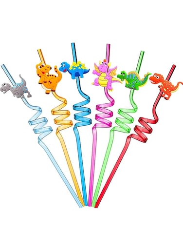 Ulife Mall Reusable Dinosaur Drinking Straws - 6pcs, Plastic, Dinosaur Pattern Movement, Kids Party Supplies - Pack of 6