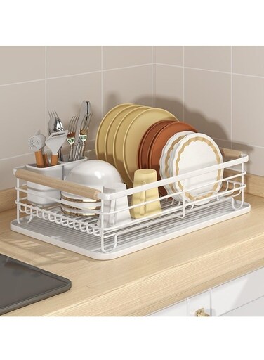 Dish Drainer Rack - Plate, Silverware, Pots and Pans - Dish Rack with Beechwood Handles - Metal Dish Drying Rack for Kitchen Counter - Modern Retro Design Dish Rack - White