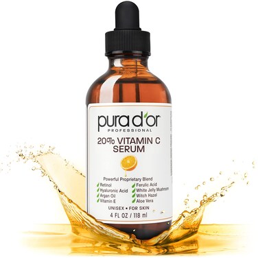 PURA D'OR20% Vitamin C Serum 4 Oz - Lightweight Maximum Strength Formula - Retinol, Hyaluronic Acid, Ferulic Acid - Professional Grade Treatment For Face &amp; Eyes, Wrinkles - Men &amp; Women