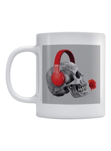 Skull And Headphone Printed Mug White/Grey/Red