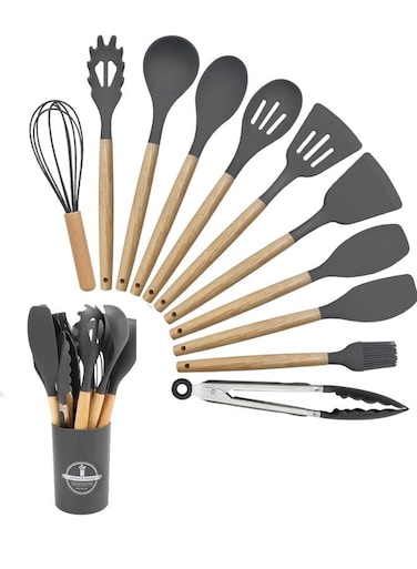 Flyer High Temperature Resistant 11 Piece Silicone Cookware Set, 11 Piece Silicone Cookware Set with Wooden Handle Anti-scalding, Silicone Cookware Set, Spatula, Silicone Spoon, Silicone Kitchenware, Grey