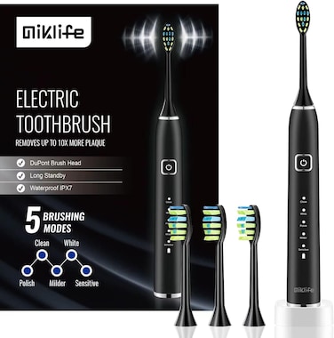 MIKLIFE Sonic Electric Toothbrush 5 Modes Rechargeable Power Smart Toothbrush Cleaner With 3 Brush Heads For Adults Black