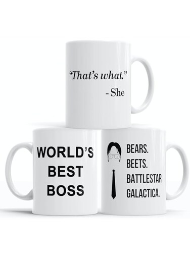 TYAISE AMOCHY The Office Funny Coffee Mug   3-Piece Merchandise Set   Worlds Best Boss, That's What She Said, and Bears Beets Battle Star Galactica (The Office 3-Pack Collection)