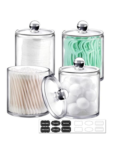 SheeChung 4 Pack. Plastic Acrylic Bathroom Vanity Countertop Canister Jars with Storage Lid, Apothecary Jars Qtip Holder Makeup Organizer for Cotton Balls,Swabs,Pads,Bath salts (Clear, 12oz&amp;10oz)
