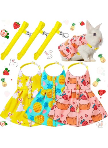 Weewooday 3 Piece Cute Rabbit Leash and Harness Set, Bunny Rabbit Dress Clothes Walking Harness Vest Escape Proof Pet Supply for Rabbit Hedgehog Ferret Guinea Pig (Cake, Bunny, Pineapple)