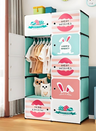 10-Cube Portable Kids Closet Children's Foldable Portable Wardrobe Collapsible Plastic Baby Clothes Large Storage Cabinet Bedroom Nursery Armoire Quick Install(Magnetic Door)