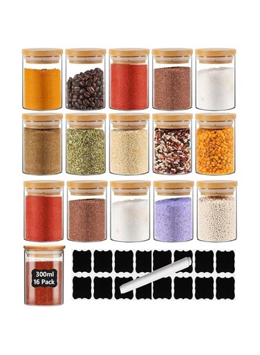 KUAIJI 16-Pack 300 ML(10.56 oz) Glass Jars With Wooden Lids, Spice Glass Airtight Canisters Sets, Glass Food Storage Container, Pantry Organization and Storage Jars,Suitable For Tea, Candy, Spices