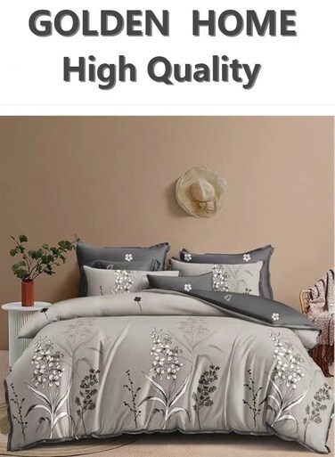 HOME 6 Piece King/Queen/Single size, beige/grey floral pattern duvet cover set. set includes 1 Comforter Cover, 1 Fitted Bedsheet, 4 Pillow Shams
