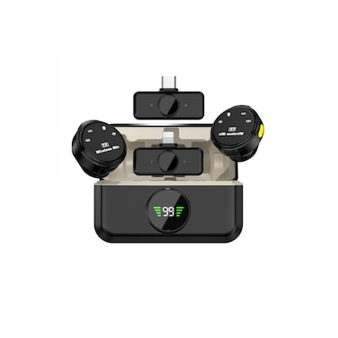 Wireless Dual Microphone System with Digital Display, Charging Case, TX Mode, Black