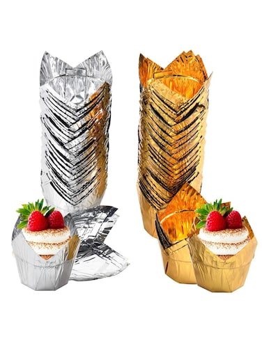 Baking Paper Cups, 100 Pcs Cupcake Molds, Muffin Cases, Tulip Baking Cups, Muffin Liners, for Medium Large Cupcakes Mini Cake Party Birthday (Silver + Gold)