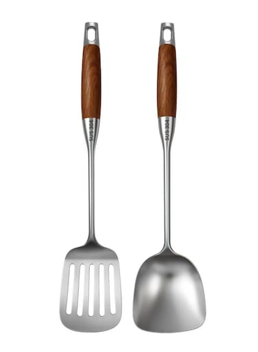Long-Handled Chinese Stir-Fry Spatula and Slotted Spatula Set, 2-Piece Stainless Steel Stir-Fry Kitchen Tools, Ideal for Stir-Frying, Baking, and Kitchen Cooking