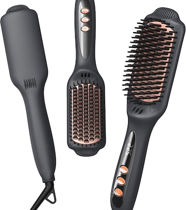 LANDOT Hair Straightener Brush for Thick &amp; Frizzy Hair, 30s Fast Heat-Up, 12 Temp Settings (120-230&deg;C), Negative Ion &amp; Ceramic Bristles, Anti-Scalp Burn Technology, for Salon-Smooth Hair at Home