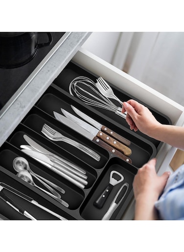 Silverware Drawer Organizer, Expandable Utensil Tray for Kitchen Drawer Organizer, Cutlery and Flatware Holder for Forks, Knives, Adjustable Plastic Kitchen Organizers Storage Solution(Black)