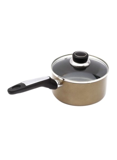 Sauce Pan with Lid &acirc;&euro;&ldquo; 16 CM Non-Stick Aluminum Saucepan, Tempered glass lid, Heat-Resistant Handle, Durable Cookware for Soup, Non-Sick Coated Intrior Comfortable Handle, Sauces &amp; Everyday Cooking Beige/Black 16cm