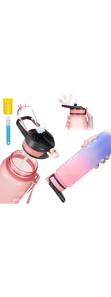 Tycom Water Bottle 1L Gym Bottle Sport Bottle, Motivational Sports Bottle with Time Marker, Leakproof Drinking Sport Gym Water Bottles for Fitness, Gym Outdoor - Handle Straw Pink Blue