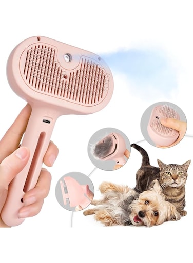 Spray Cat Brushes for Indoor Cats, Cat Steam Brush for Shedding with Release Button for Cats And Dogs Grooming, Self Cleaning Pet Hair Removal Comb for Long and Short-Haired Cats &amp; Dogs (Pink)