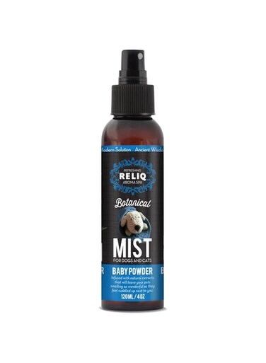 RELIQ Aroma SPA Baby Powder Botanical Mist cologne for Dogs and Cats. Spray on the coat after bath to give your dog a clean &amp; fresh smell. Infused with natural extracts for calming and comforting.