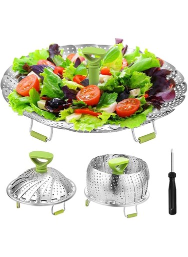 Proxima Direct Stainless Steel Steamer Basket 6" to 9" Folding Vegetable Collapsible Steamer Insert with Anti-hot Extendable Handle and Non-Slip Legs for Veggie Fish Seafood Cooking Various Size Pot