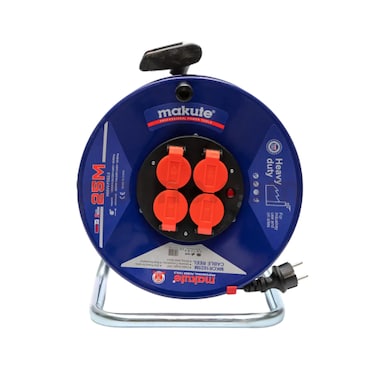 Makute 25m Heavy Duty Industrial Extension Cable Reel, 4-Socket Electric Power Line Extender with Galvanized Steel Base, Dust &amp; Splash Resistant - MKCR1025M