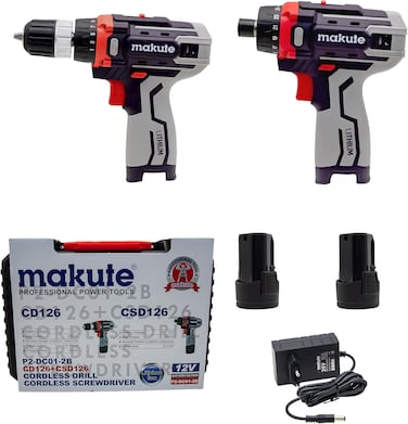 Makute P2-DC01-2B 12V Cordless Drill &amp; Screwdriver Set, 23Nm Torque, 450&ndash;1450RPM, 8-10mm Chuck, 6.3mm Hex Driver, 60min Fast Charge
