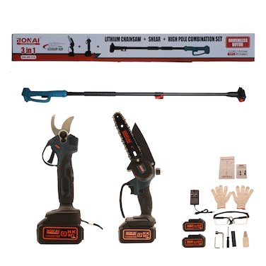 BONAI 3-in-1 Cordless Garden Tool Set, 6-Inch Mini Chainsaw, Electric Pruning Shears &amp; Extendable High Pole, Brushless Motor, 2 x 88VF 4.0Ah Batteries, BN-HK112