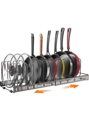 Expandable Pot and Pan Organizer Rack with 10 Adjustable Dividers, Heavy Duty Cookware Storage Holder for Cabinet, Pantry and Countertop, Black