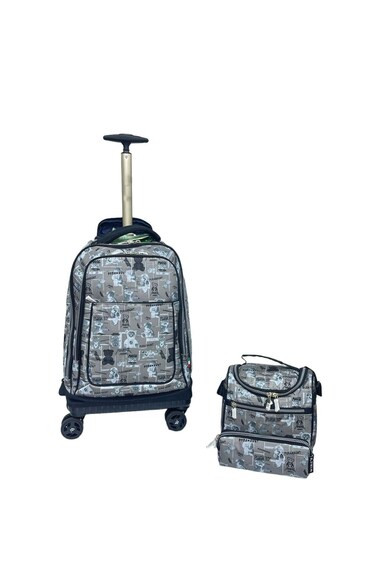 Kids Rolling School Backpack Set, 3-Piece with Lunch Bag and Pencil Case, Spinner Wheels.(Brown Design Print)