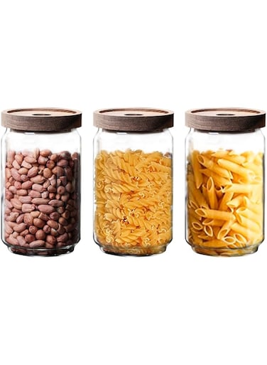 TAPIT Glass Storage Jars with Acacia Wood Lids -Set of 3 Transparent Borosilicate Airtight Glass Container, Stackable Perfect for Storing Kitchen Food, Grains, Coffee Beans, Tea (3pcs,800ml)