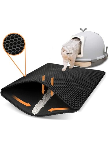 ikeoat Cat Litter Mat, 55x75cm Litter Trapping Mat for Cat Sand Litter Box Honeycomb Double Layer Design Waterproof Litter Mat, Washable Pet Bed, BLACK