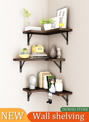 3 Pieces of Wall mounted floating shelves,wooden storage racks, corner hanging display racks&iuml;&frac14;&OElig;with metal brackets, suitable for bedrooms, living rooms, bathrooms, kitchens, and offices